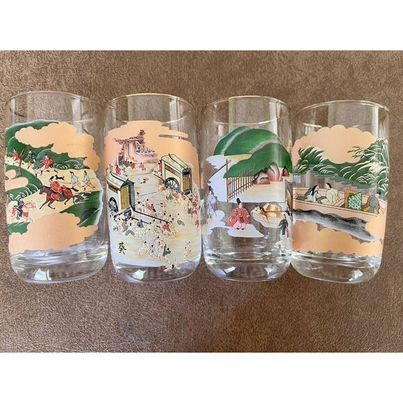 Vintage MCM Set 4 Asian Scenery Glases Juice Chinese Japanese Gold Rim 4-1/4" - Picture 2 of 7